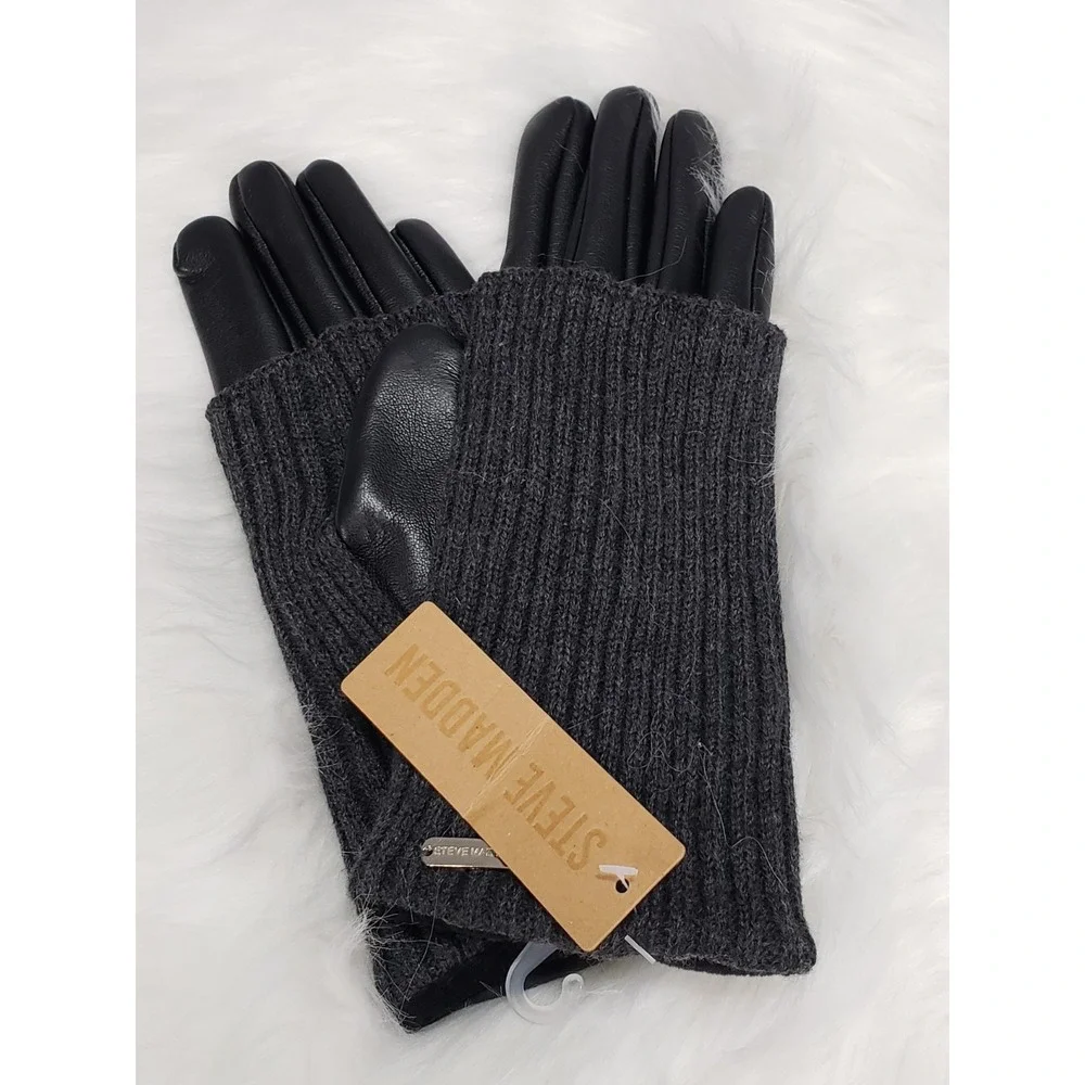 NEW Steve Madden Gloves BLACK MIXED MEDIA FAUX LEATHER KNIT LAYERED DRIVING